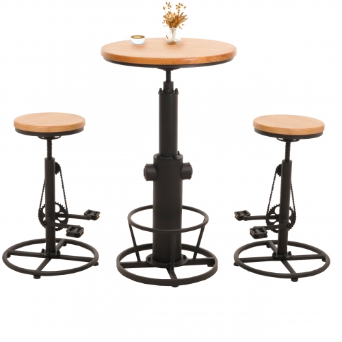 Set tavolo + 2x sgabelli da bar HWC-N20, tavolo alto altezza regolabile girevole ferro industriale legno ~ naturale